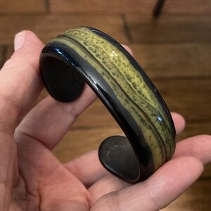 Glass bangle bracelet black yellow abstract design